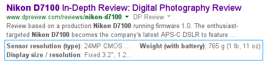 structured snippet in google serp for nikon d7100