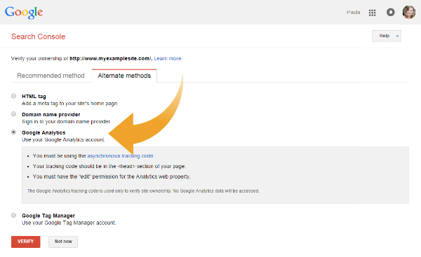 Verification options for Google Search Console
