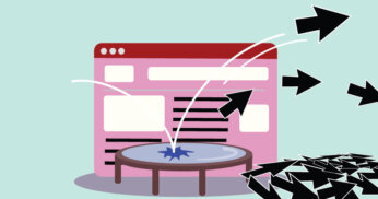 Illustration of computer mouse arrows bouncing off trampoline in front of a webpage.