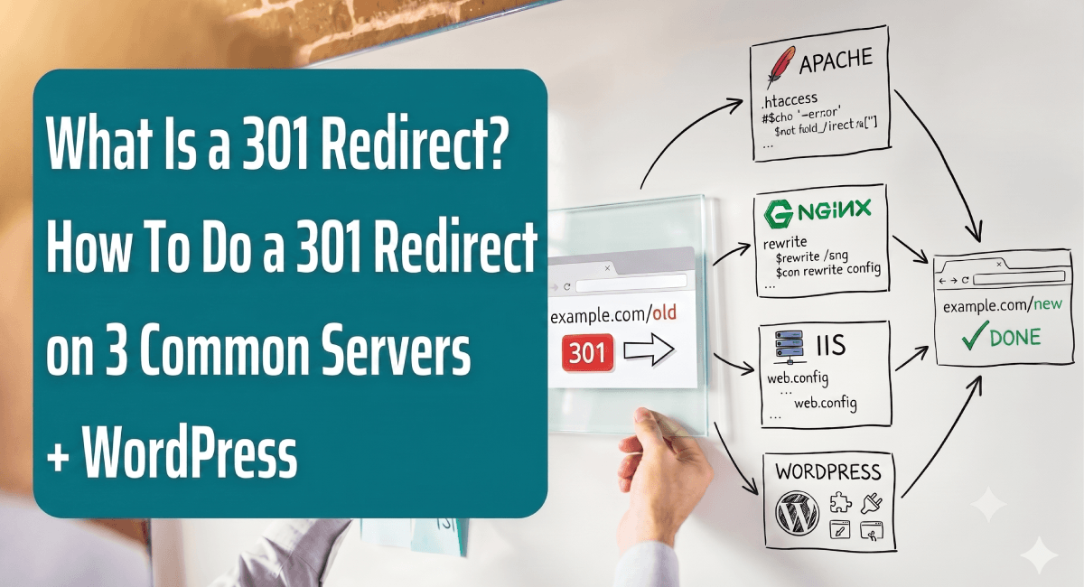 cover image that explains and maps 301 redirects across different common servers and WordPress. The prominent title block on the left, with white text on a terracotta background, states: "What Is a 301 Redirect? How To Do a 301 Redirect on 3 Common Servers + WordPress". The right side of the image displays a hand-sketched flowchart on a whiteboard. A representation of a source website, "example.com/old" with a red "301" label, initiates the process. From this source, arrows branch to specific, sketched configuration boxes for four platforms: "APACHE" (feather icon, .htaccess code), "NGINX" (green logo, rewrite code), "IIS" (server rack icon, web.config code), and "WORDPRESS" (W logo, plugin-related icons). Arrows from all four configuration paths converge at a final box labeled "DONE", which shows the new website URL "example.com/new" with a green checkmark. A person in a light-colored button-down shirt is partially visible in the background, holding up a glass panel diagram, with strong natural light illuminating the whiteboard.