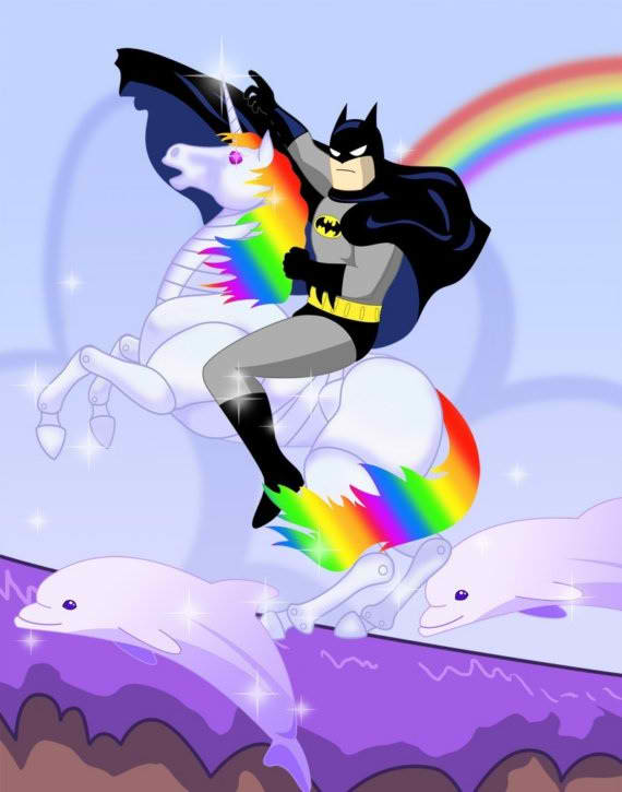 Batman Riding Robot Unicorn Cartoon of Batman Riding a Unicorn