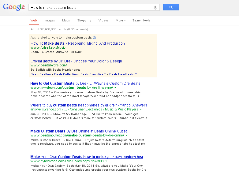 A Screen Capture of a Google Search for the phrase "how to make custom beats"
