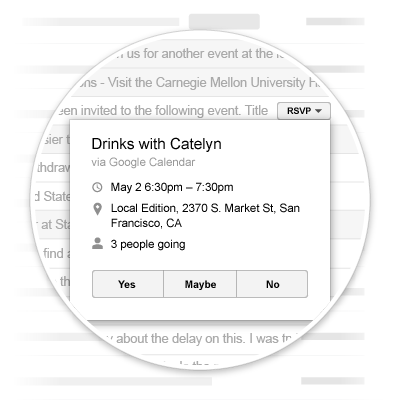 Screen capture of an RSVP Google quick action button Screen capture of an RSVP Google quick action button