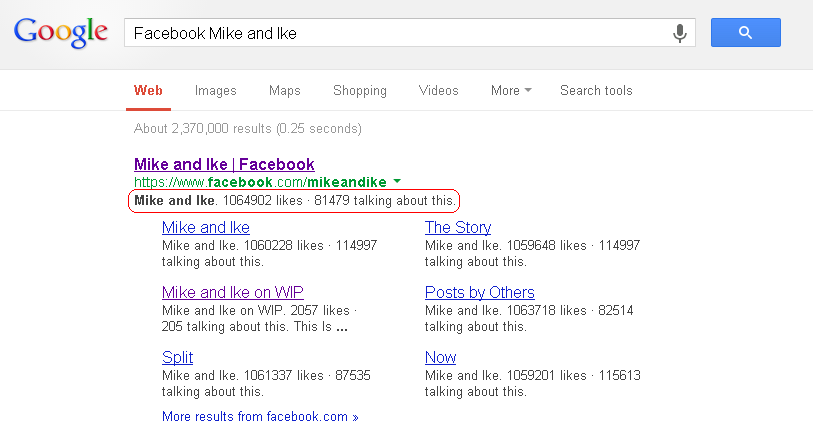 Google search listing showing entry for Mike and Ike candy Facebook Page.