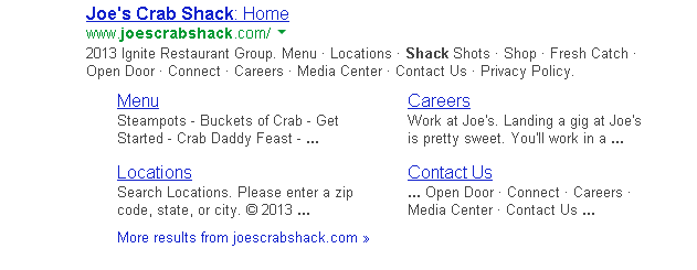 Google search listing showing entry for Joes Crab Shack website.