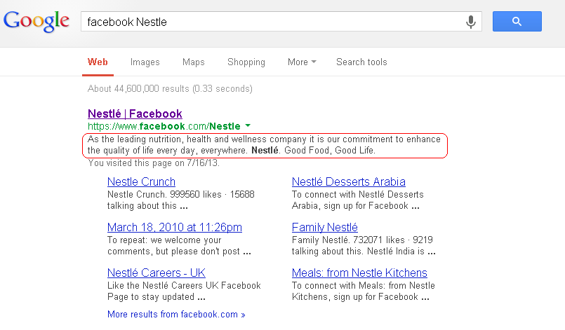 Google search listing showing entry for Nestle Facebook Page.