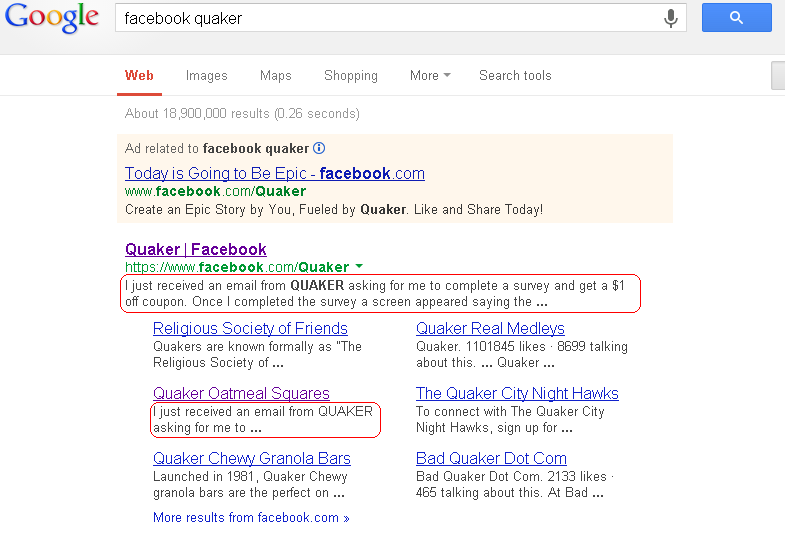 Google search listing showing entry for Quaker Facebook Page.