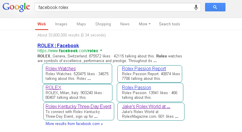 Google search listing showing entry for Rolex watches Facebook Page.