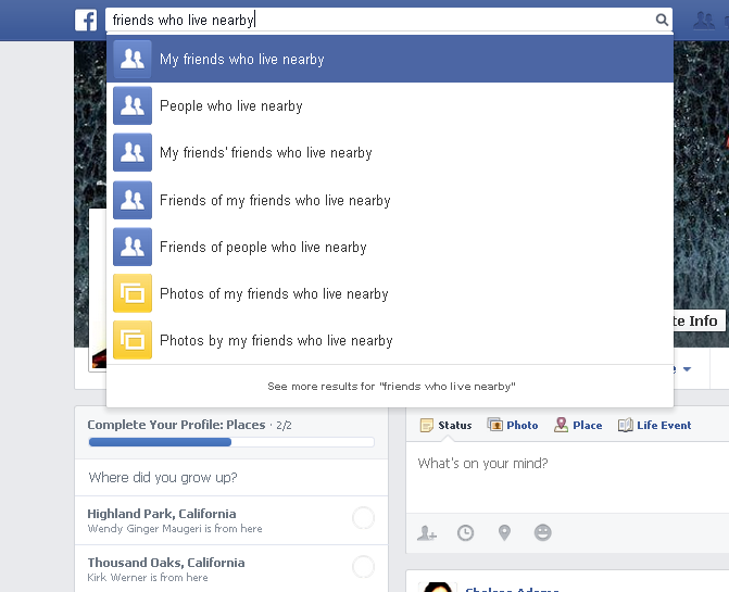A Facebook Open Graph search example looking for "people who live nearby"