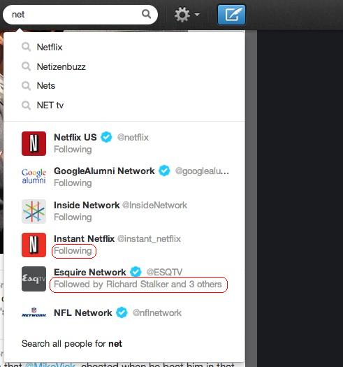 Twitter search drop-down showing like connectivity Twitter search drop-down showing like connectivity