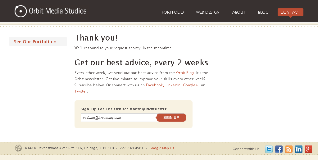 Orbit Media Studios thank you page example