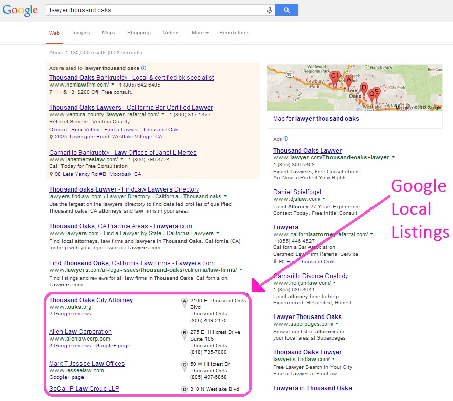 SEO for Lawyers: Example of Organic Local Listings Screenshot of lawyers listed via Google Places.