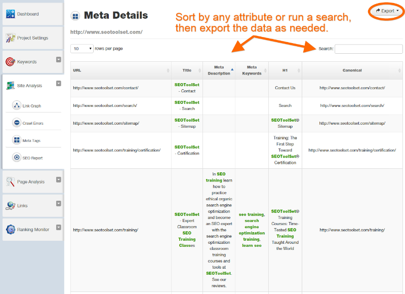 Sort pages found in a site crawl by any attribute using the SEOToolSet Meta Details Tool Sort pages found in a site crawl by any attribute using the SEOToolSet Meta Details Tool