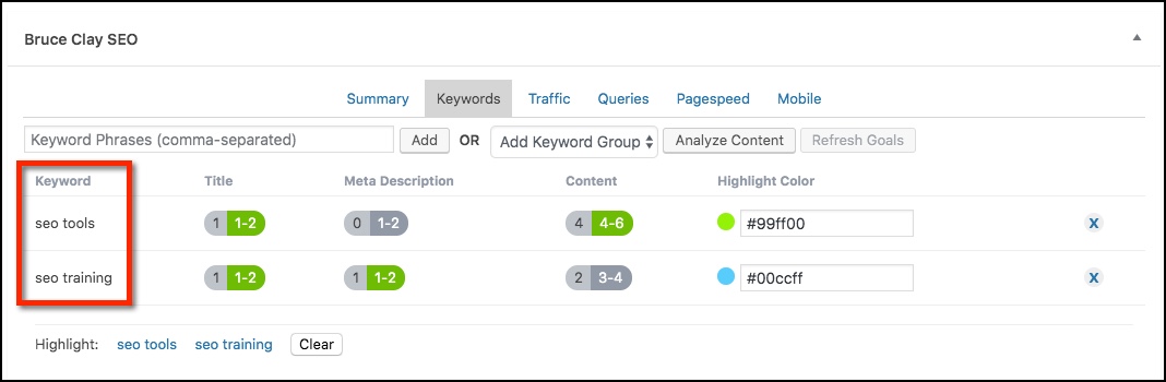 Keywords tab in Bruce Clay SEO plugin