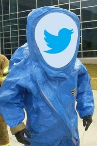 hazmat suit with Twitter logo overlay