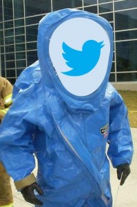 Twitter bio hazard cleanup hazmat suit with Twitter logo overlay