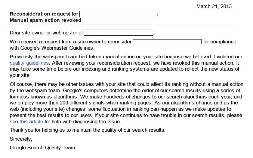 Letter from Google on Manual Link Penalty Lift