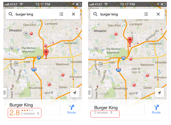 Burger King Ratings and Stars in Google Maps app - red callouts