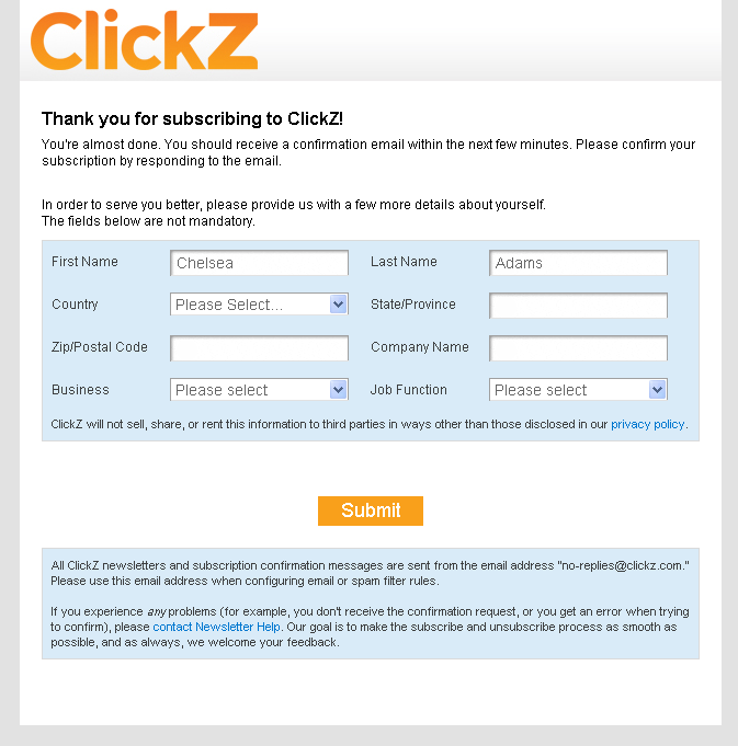 ClickZ newsletter thank you page example