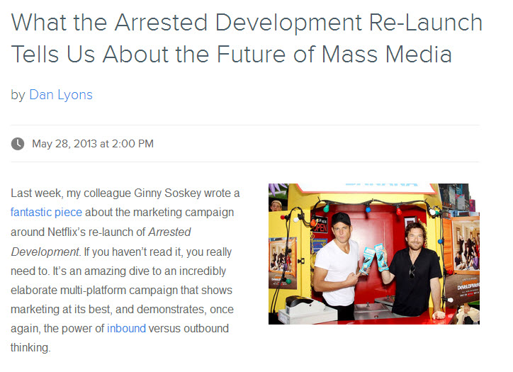 Screenshot of the Hubspot blog showing an article they spun off of the show Arrested Development