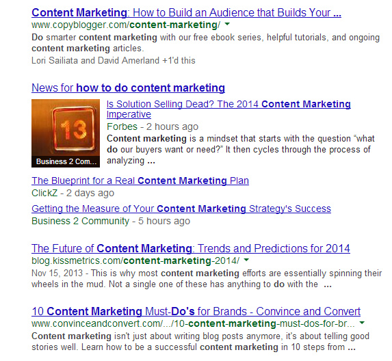Screenshot of Google search engine results for the query "how to do content marketing"
