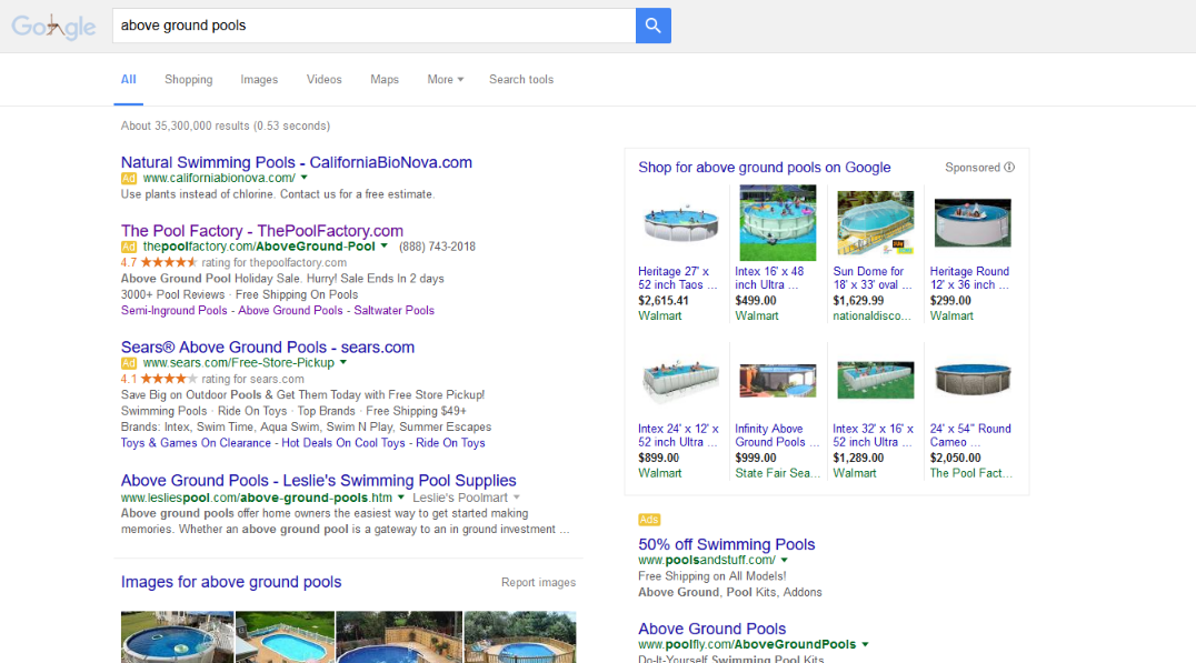 Google Removing Right Side Ads - above ground pools serp