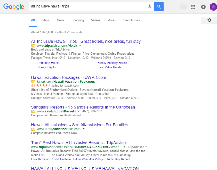 Google Removing Right Side Ads - all inclusive hawaii trip serp 2