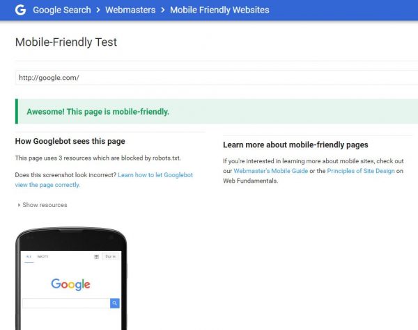 awesome result of mobile-friendly test