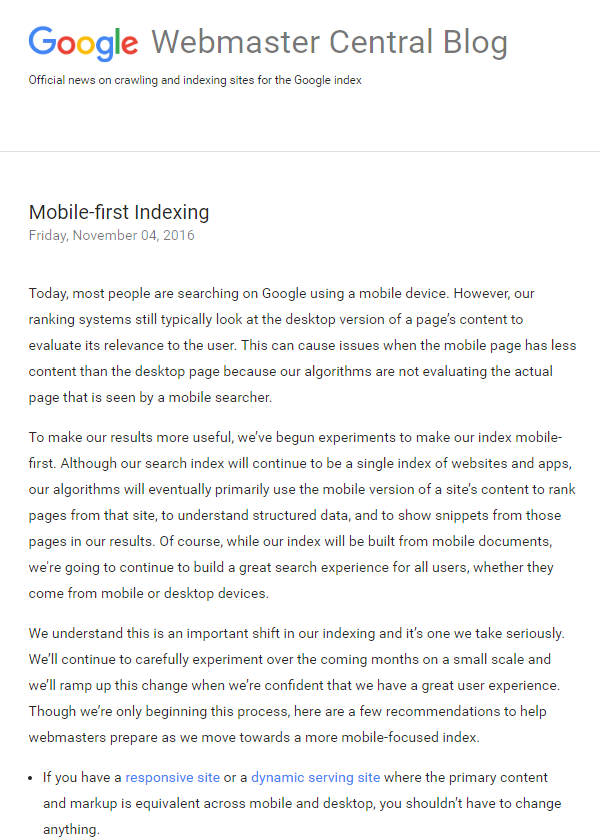 mobile-first indexing announcement on google blog
