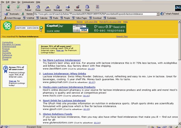 Goto.com Search Results in 2001