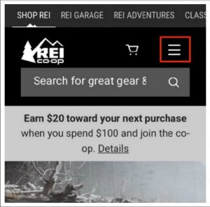 REI mobile site menu icon