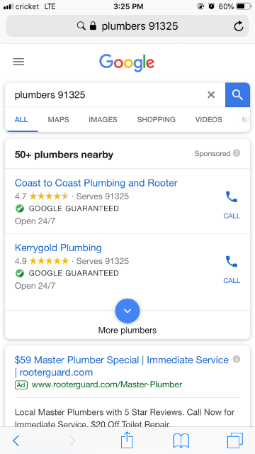 Google's Local Services ads at top of SERP
