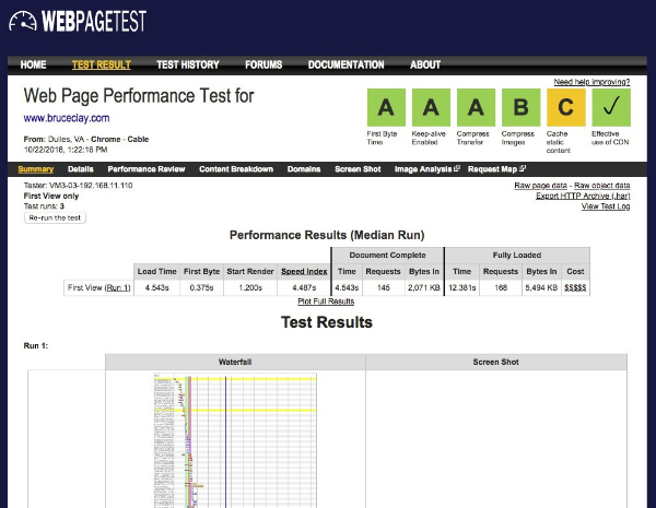 WebPageTest.org audit tool screen shot