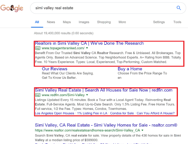 Google results with SEM ads