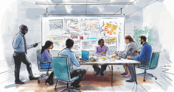 Artistic illustration of professionals strategizing in a meeting.