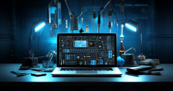 Structured data displayed on laptop, tools hanging in background.