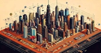 City landscape representing various industries.
