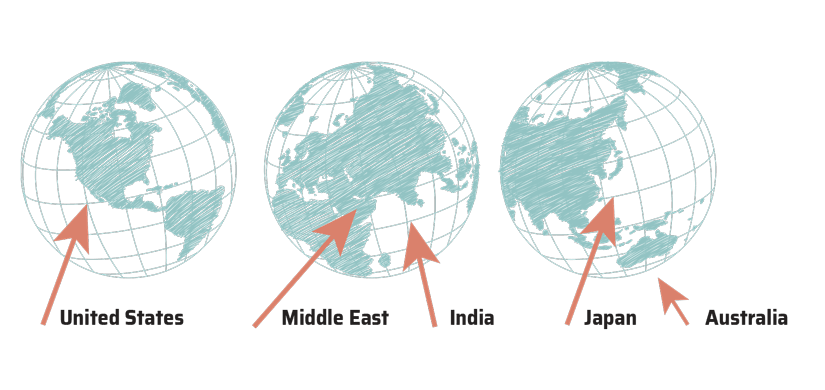 5 globes with arrows pointing to office locations