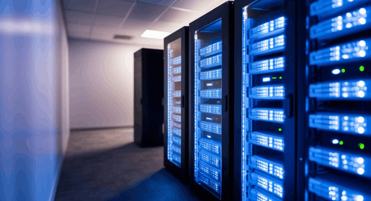 A long perspective view down an aisle of server racks inside a modern, dimly lit data center, illuminated by bright blue indicator lights.