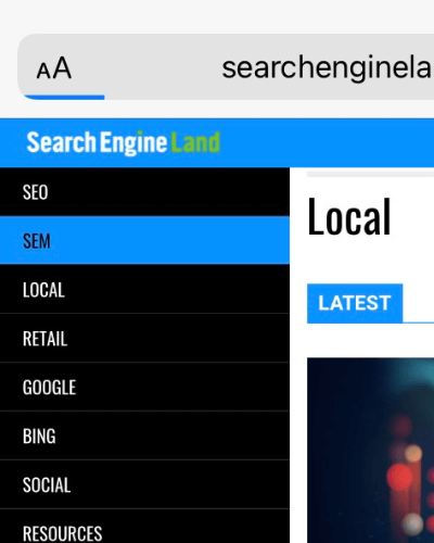 Mobile menu color-change touch feedback on SearchEngineLand.com.