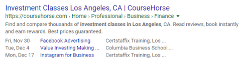 Google search result showing event data for investment classes in Los Angeles.