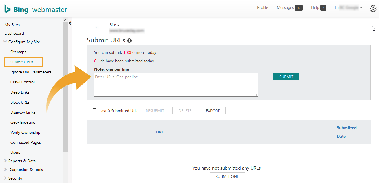 Submit URLs tool in Bing Webmaster Tools.