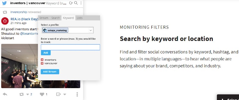 Hoosuite Insights tool sentiment analysis filter.