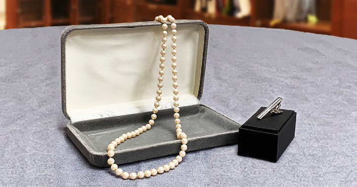 Classic string of pearls and tie clip.