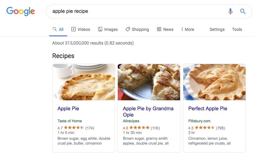 Screenshot of a search results page that displays websites that have structured data markup.
