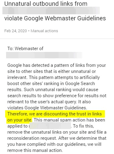 Unnatural outbound links manual action notice from Google.