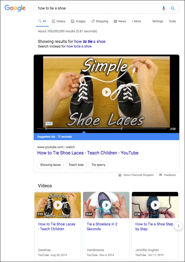 Video featured snippet example in Google search results.