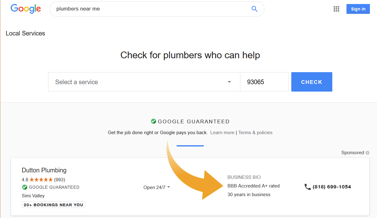 Google local services displaying BBB ratings.