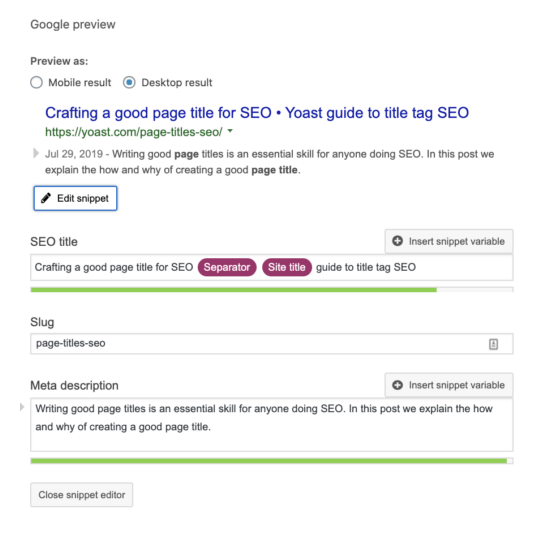 Screenshot of Yoast SEO snippet editor.