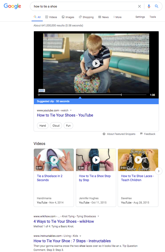 Google results with videos from YouTube.